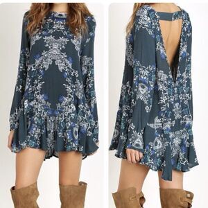 Free People Smooth Talker Tunic Mini Dress Long Sleeve Emerald Green Floral XS